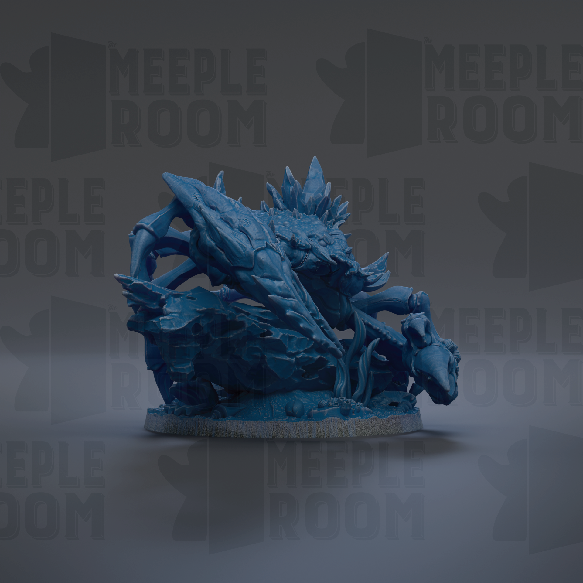A blue, 3D-rendered dragon figurine is displayed against a dark background with repeated text.