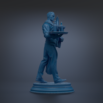 A blue statue of a waiter carrying a tray with various items, including a bottle and a cup.