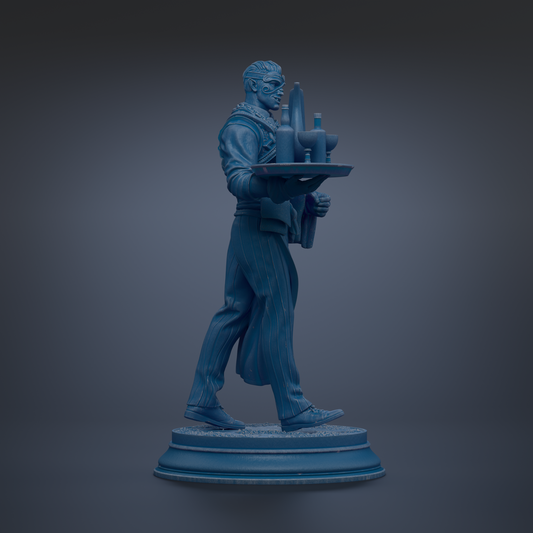 A blue statue of a waiter carrying a tray with various items, including a bottle and a cup.