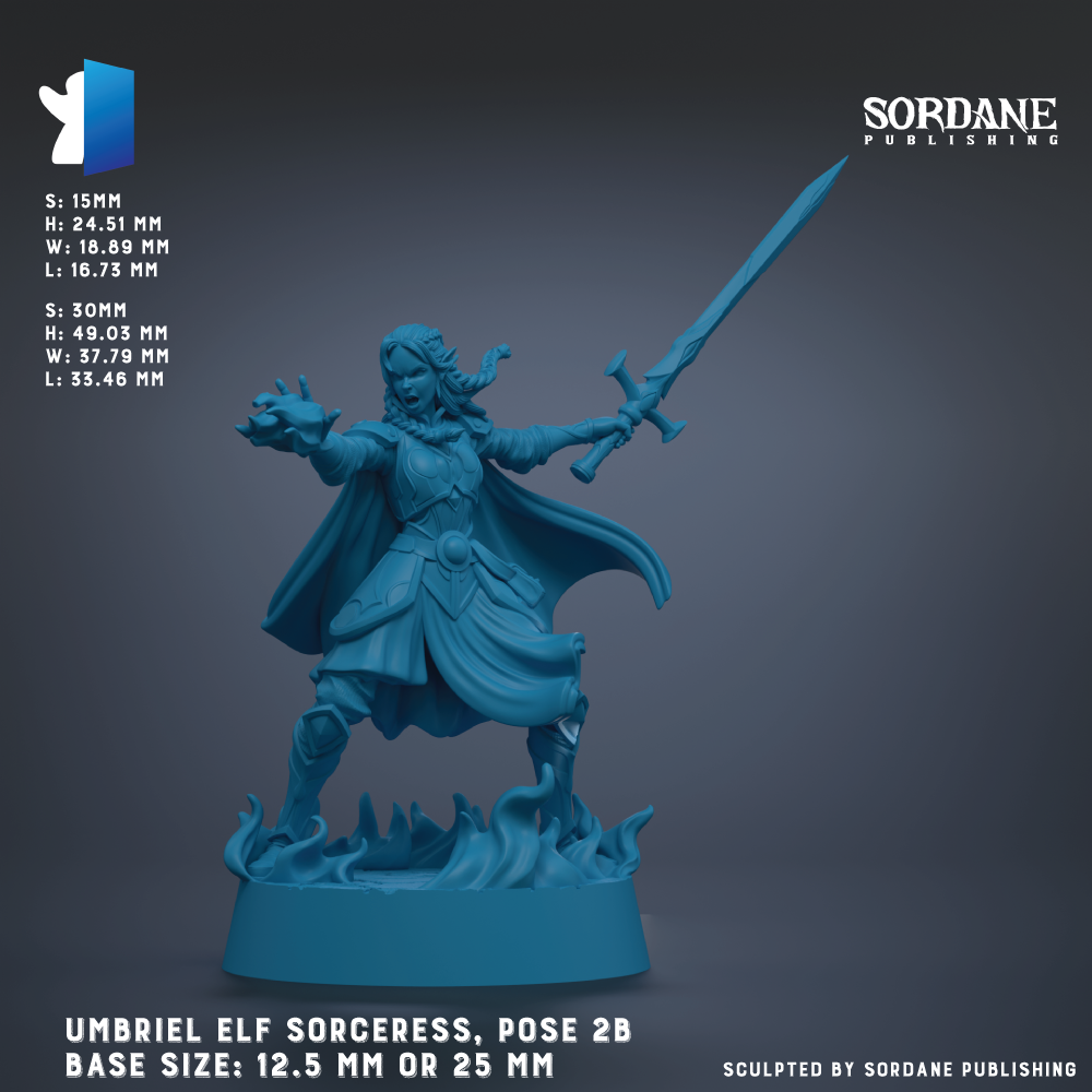 The image is a figurine of an elf-like character, specifically a witch or magical being, posed with a sword. The figurine is set against a dark background, and the image size is either 12.5 mm or 25 mm. The base size is 2B. The image is published by Sordane Publishing.