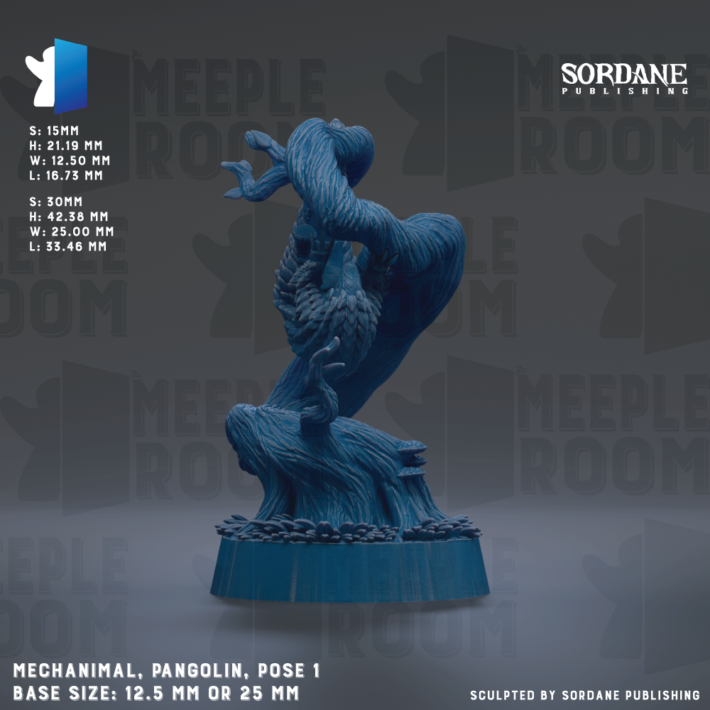 The image is a 3D rendering of a mechanical pangolin, a type of lizard, posed in a dynamic, curled-up position. The pangolin is shown in a blue color, and the background features the text "SORDANE PUBLISHING" and "MEUPLE ROOM". The pangolin is described as a mechanical pangolin, pangolin, and pose 1, with a base size of either 12.5 mm or 25 mm.