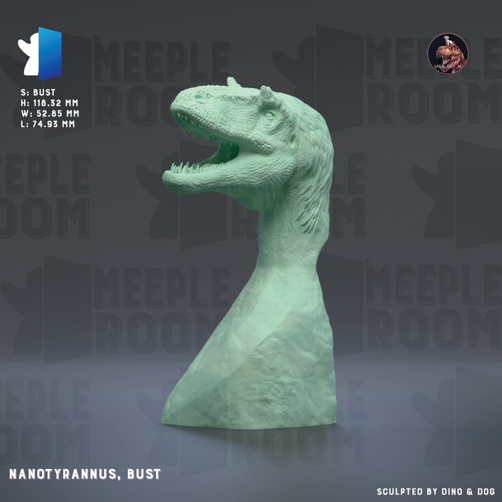 a bust of a dinosaur, specifically a Triceratops, with the text "NANOTYRANNUS, BUST" and "S. BUST" visible.