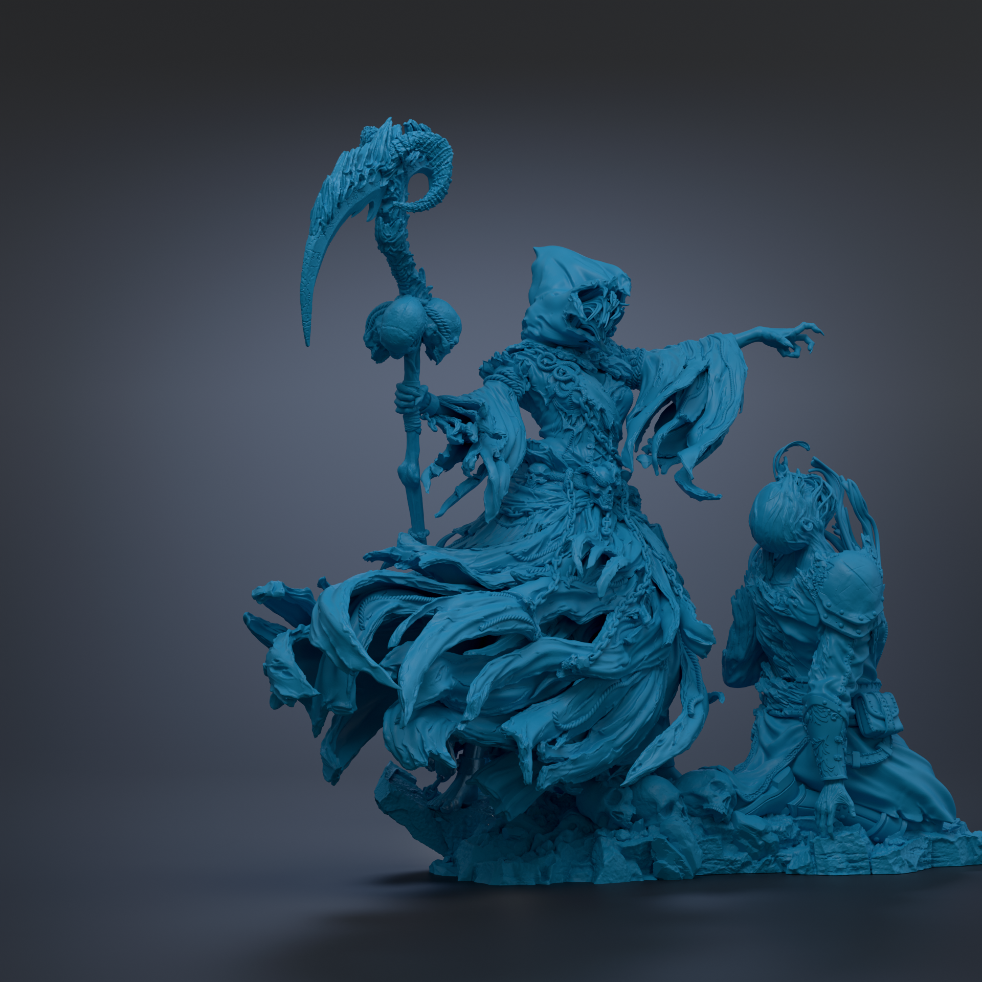 A 3D rendering of a dark, ominous figure with a hooded cloak and a staff, standing on a rock formation.