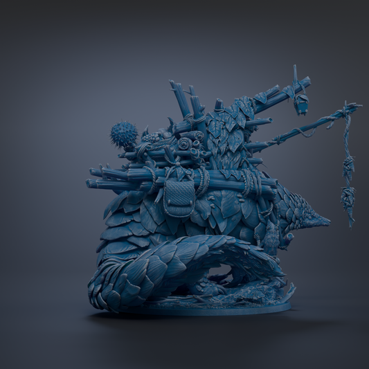 A 3D rendering of a fantastical creature with intricate details and textures, including a large head, a long body, and various other elements.