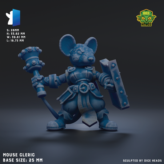 A 3D model of a mouse character holding a shield and a sword, with the base size of 25mm.