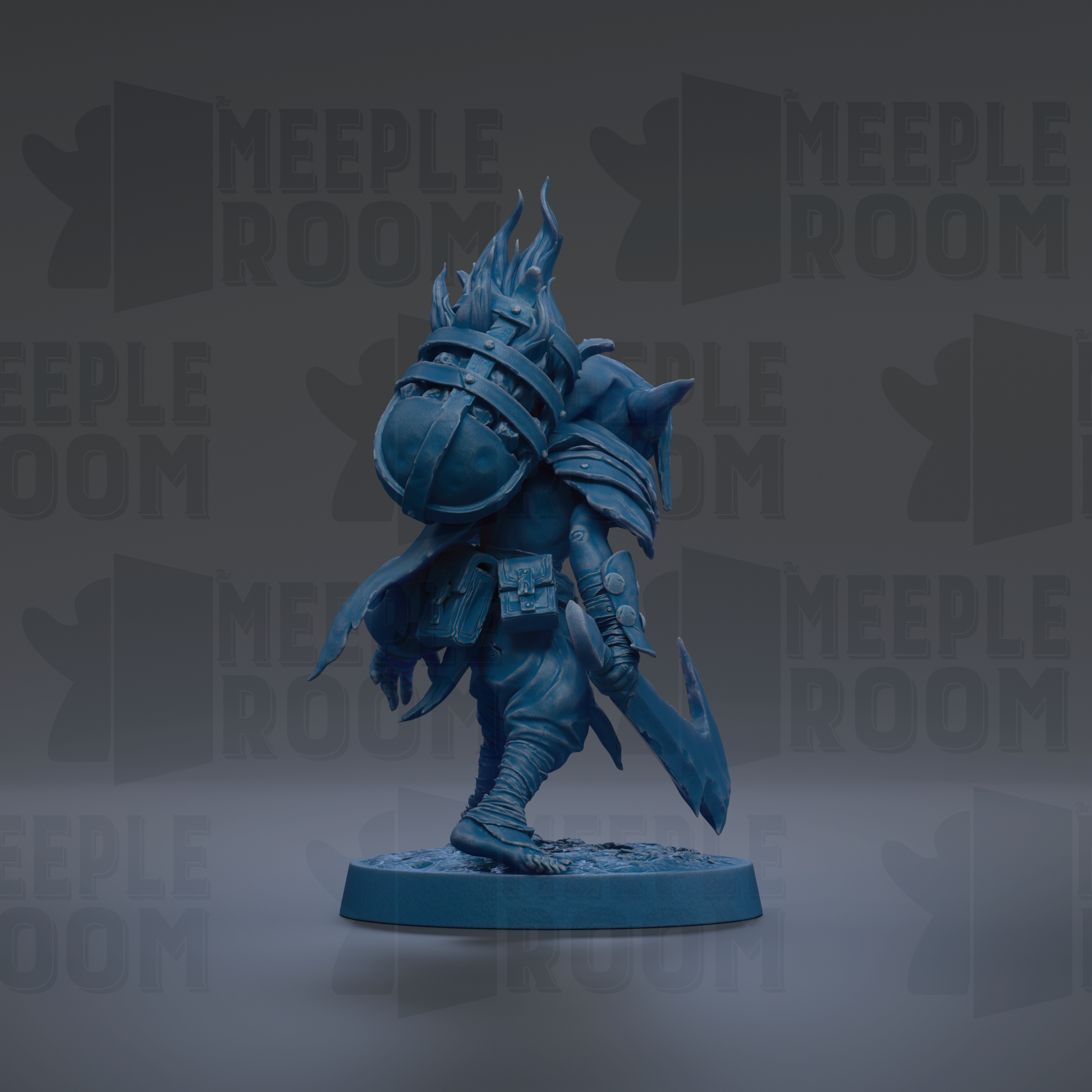 A blue figurine of a fantastical creature with flames or fire emanating from its head, standing on a blue base.