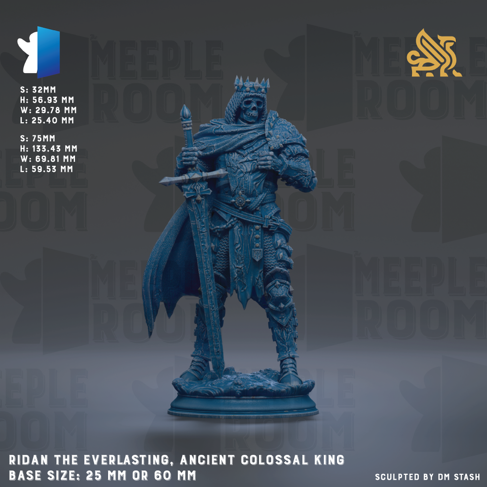 a statue of a man dressed in medieval armor, holding a sword and standing on a pedestal. The statue is blue in color and appears to be a representation of an ancient coloslawal king. The base size of the statue is either 25mm or 60mm. The image is a collage of multiple images, and the phrase "Ridan the Everlasting, Ancient Colossal King" is visible, indicating that this is a depiction of a historical figure.