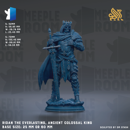 a statue of a man dressed in medieval armor, holding a sword and standing on a pedestal. The statue is blue in color and appears to be a representation of an ancient coloslawal king. The base size of the statue is either 25mm or 60mm. The image is a collage of multiple images, and the phrase "Ridan the Everlasting, Ancient Colossal King" is visible, indicating that this is a depiction of a historical figure.