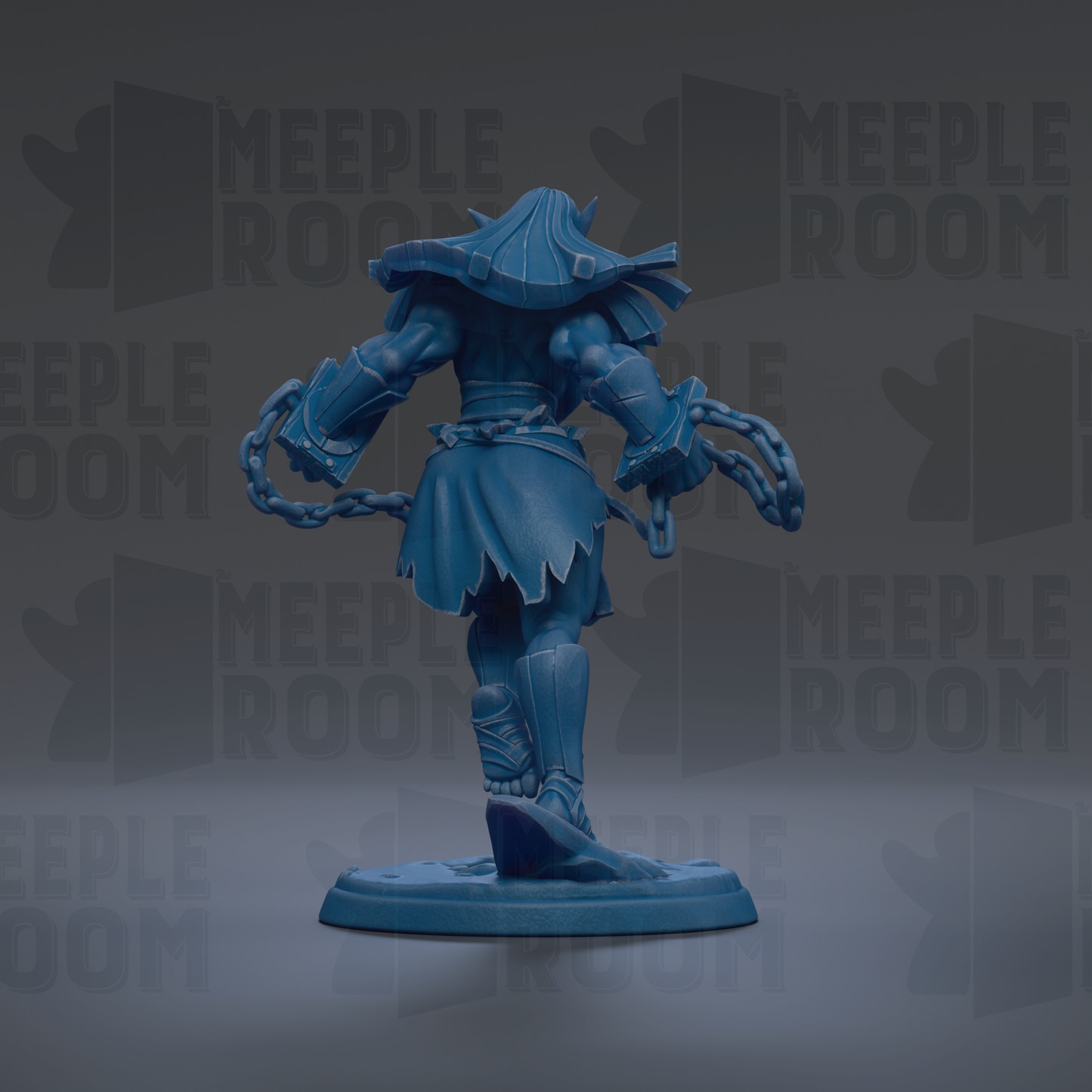 A blue figurine of a warrior standing on a base, with chains around its neck, against a dark background with repeated text.