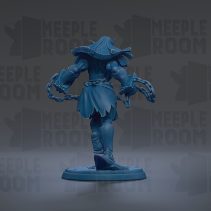 A blue figurine of a warrior standing on a base, with chains around its neck, against a dark background with repeated text.