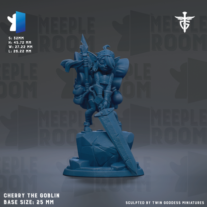 The image is a 3D model of a blue figurine of a character named Cherry the Goblin, which is a base size of 25mm.