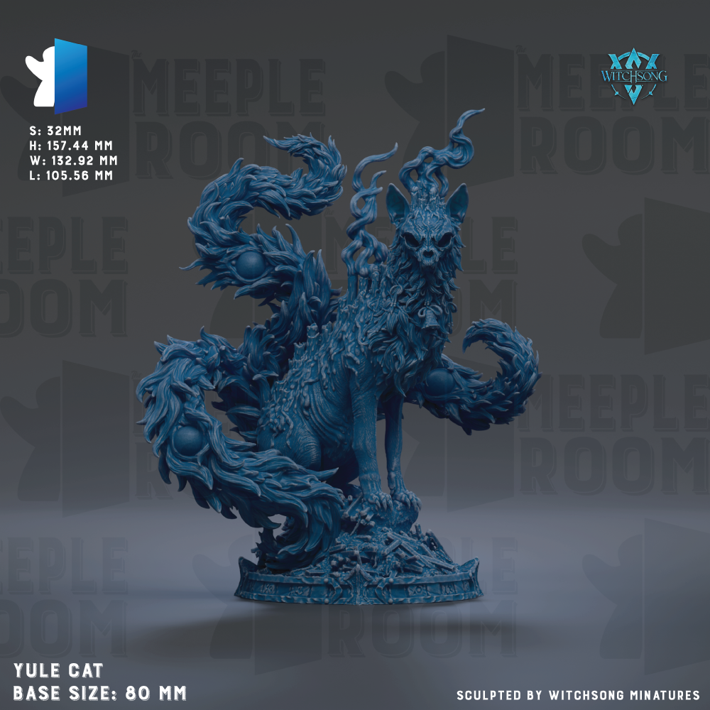 The image is a detailed sculpture of a blue, fantastical creature resembling a cat or a dragon, with intricate patterns and flowing, curling forms. The sculpture is described as a base size of 60 millimeters and is sculpted by Witchesong Miniatures.