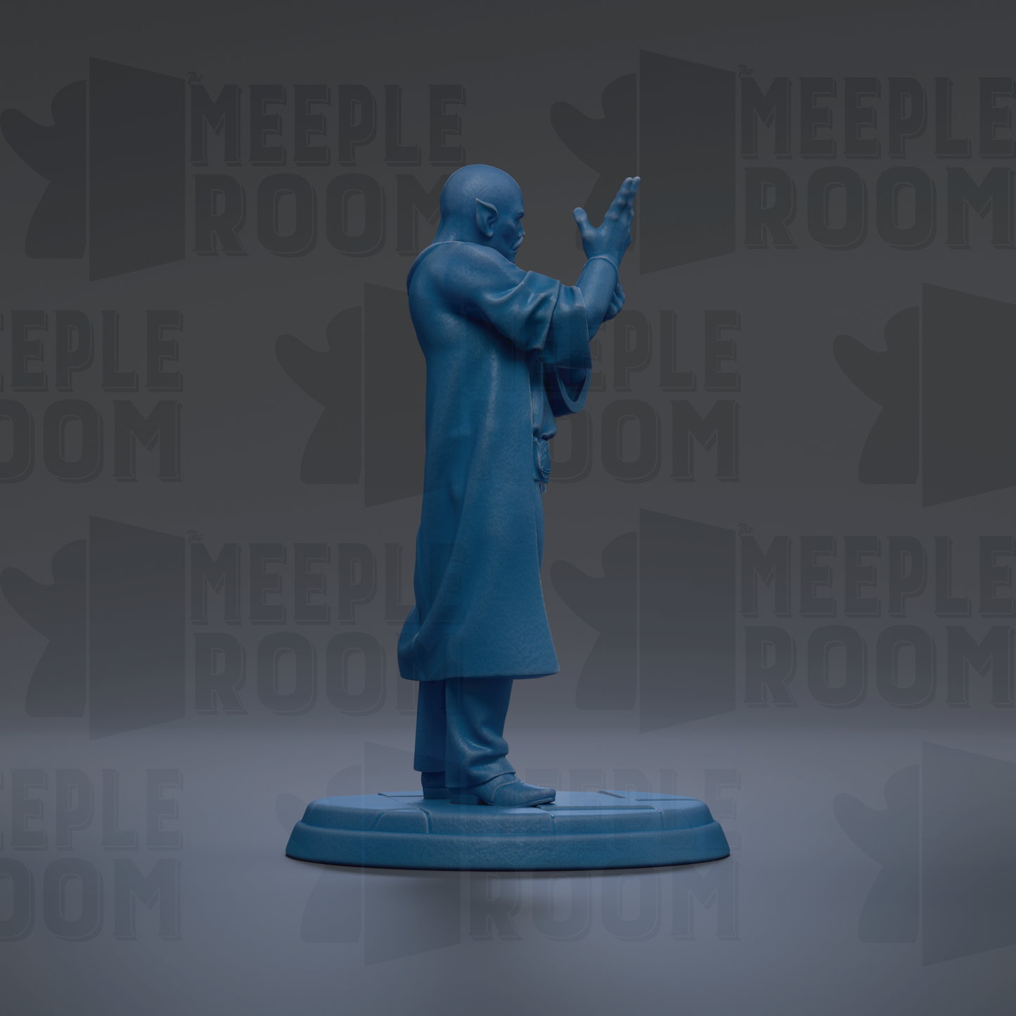 A blue figurine of a person standing on a platform, with the text "MEEPLE ROOM" repeated in the background.