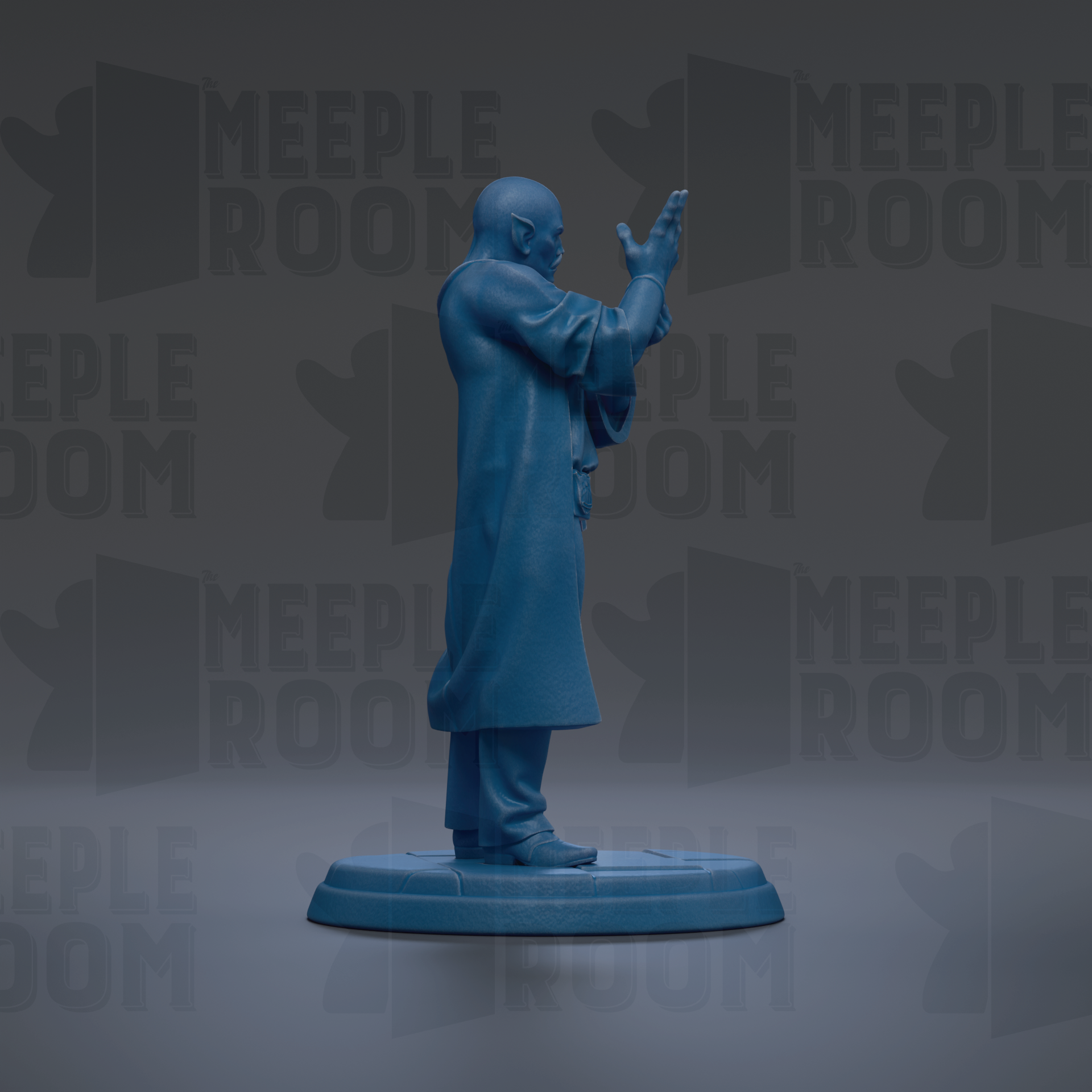 A blue figurine of a person standing on a platform, with the text "MEEPLE ROOM" repeated in the background.
