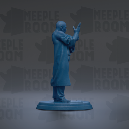 A blue figurine of a person standing on a platform, with the text "MEEPLE ROOM" repeated in the background.