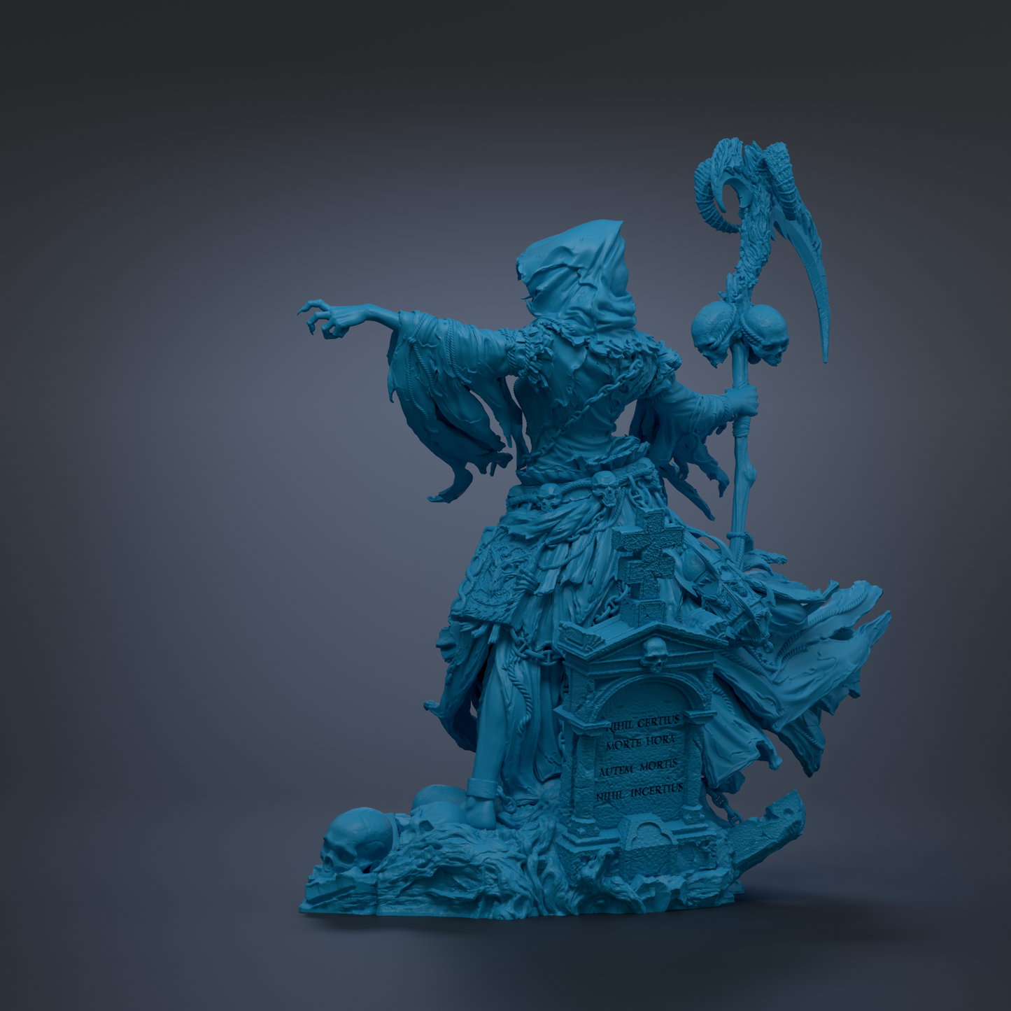 A dark blue, 3D-rendered statue of a figure with a staff and a skull-like object, standing on a pedestal with a gravestone.