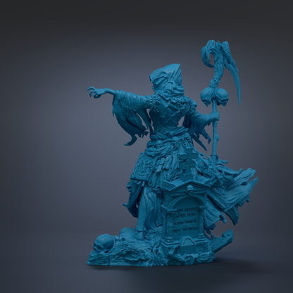 A dark blue, 3D-rendered statue of a figure with a staff and a skull-like object, standing on a pedestal with a gravestone.