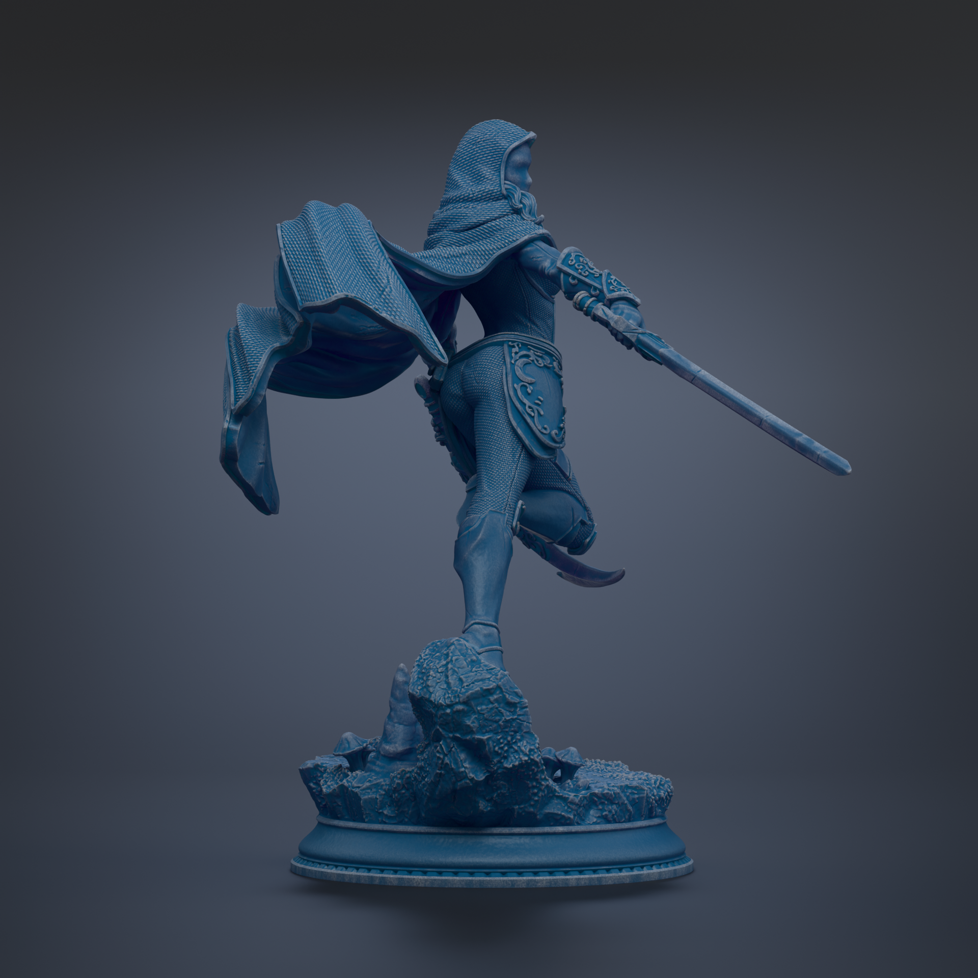 A blue statue of a warrior figure with a flowing cape and sword, standing on a rocky base.