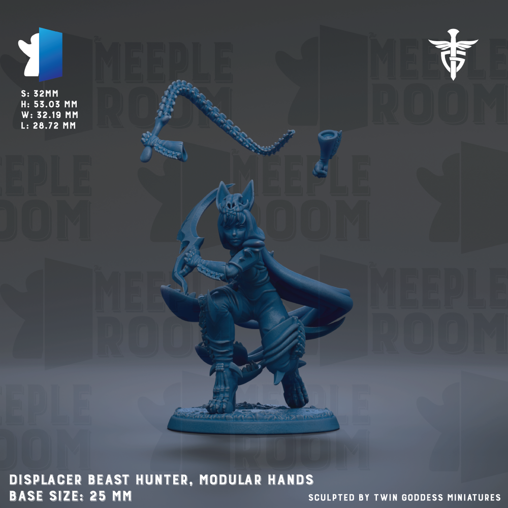 a blue figurine of a warrior character, specifically a Displacer Beast Hunter, with a modular hand design. The figurine is shown in a dynamic pose, holding a spear and a shield. The background of the image is a dark gray color, with the words "MELLOWROOM" repeated multiple times, suggesting that this is a promotional or informational image related to the character or the game. The base size of the figurine is 25mm.