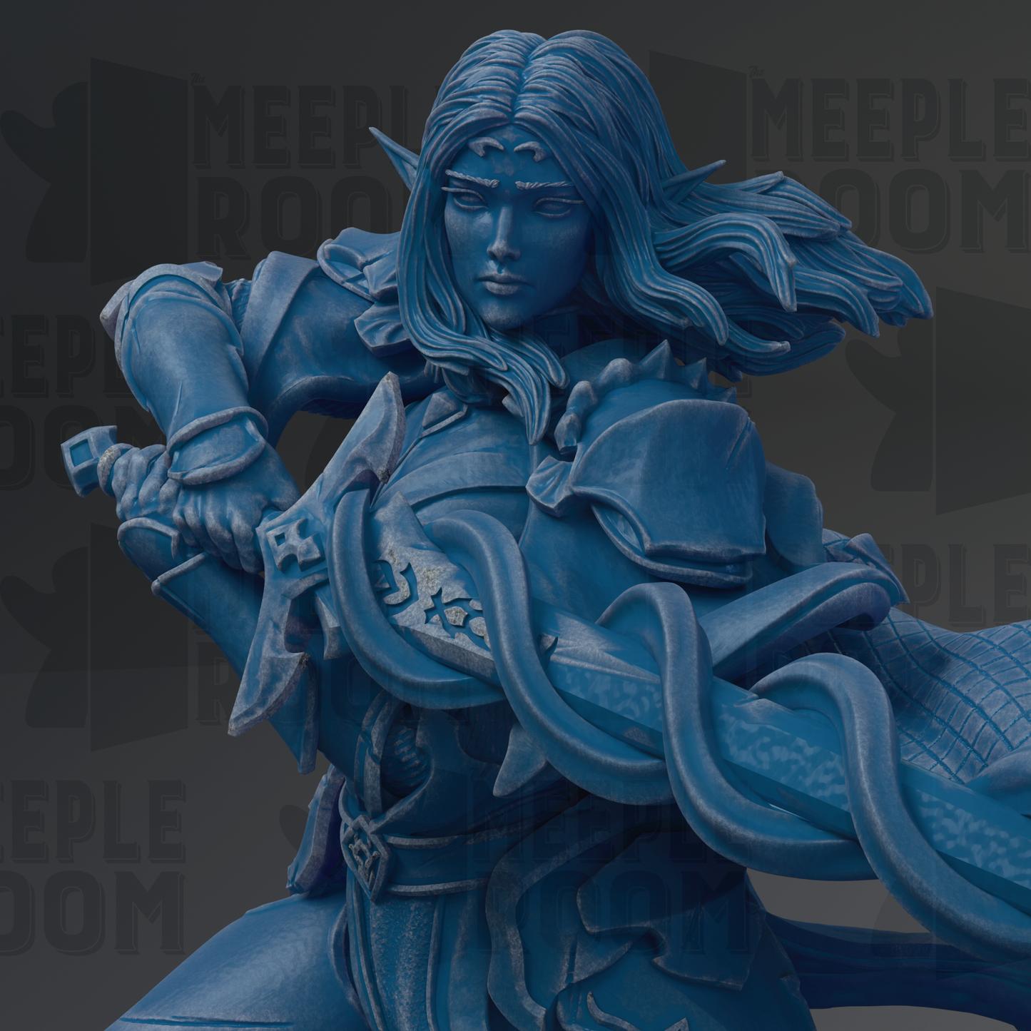 A detailed 3D model of a female character with long hair, wearing a flowing robe and wielding a sword, set against a dark background with the text "MEEPLE ROOM" visible.