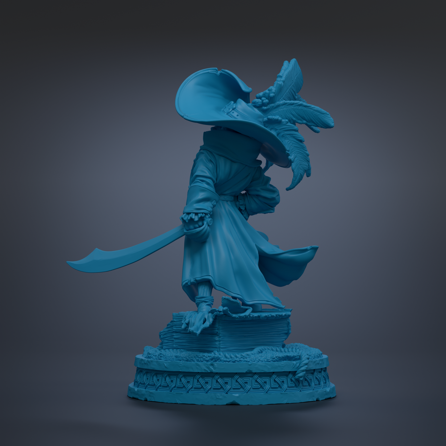 A blue statue of a pirate standing on a pedestal, holding a sword and wearing a hat with feathers.