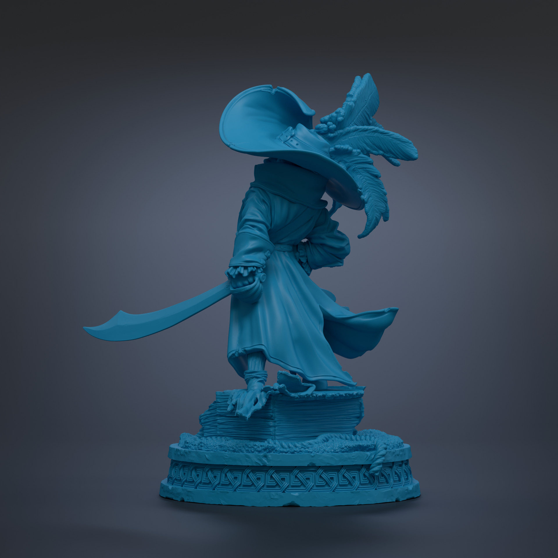 A blue statue of a pirate standing on a pedestal, holding a sword and wearing a hat with feathers.