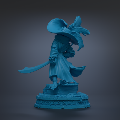 A blue statue of a pirate standing on a pedestal, holding a sword and wearing a hat with feathers.