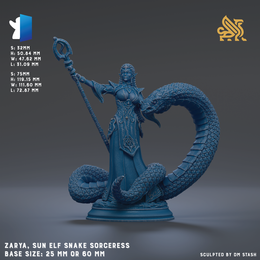 The image is a 3D rendering of a statue of a woman with a snake on her back, representing a snake goddess or deity. The statue is blue in color and is placed on a base that can be either 25mm or 60mm in size. The image is a 3D rendering of a statue of a woman with a snake on her back.