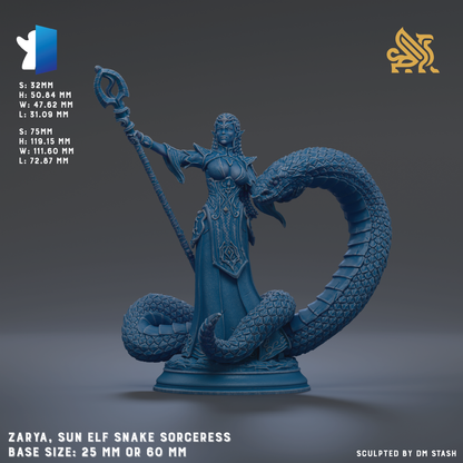 The image is a 3D rendering of a statue of a woman with a snake on her back, representing a snake goddess or deity. The statue is blue in color and is placed on a base that can be either 25mm or 60mm in size. The image is a 3D rendering of a statue of a woman with a snake on her back.