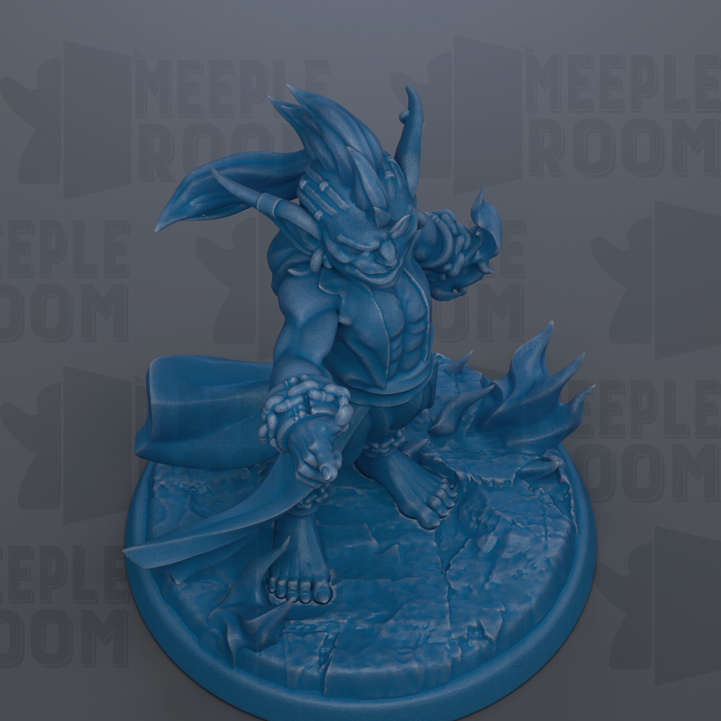 A blue figurine of a fantastical creature with horns and a flowing cape, standing on a blue base.