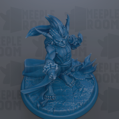 A blue figurine of a fantastical creature with horns and a flowing cape, standing on a blue base.