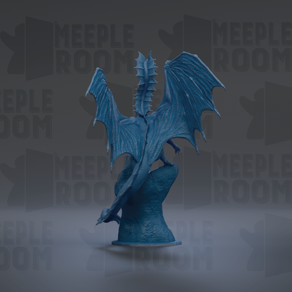 A blue dragon statue with outstretched wings is the central focus of the image.
