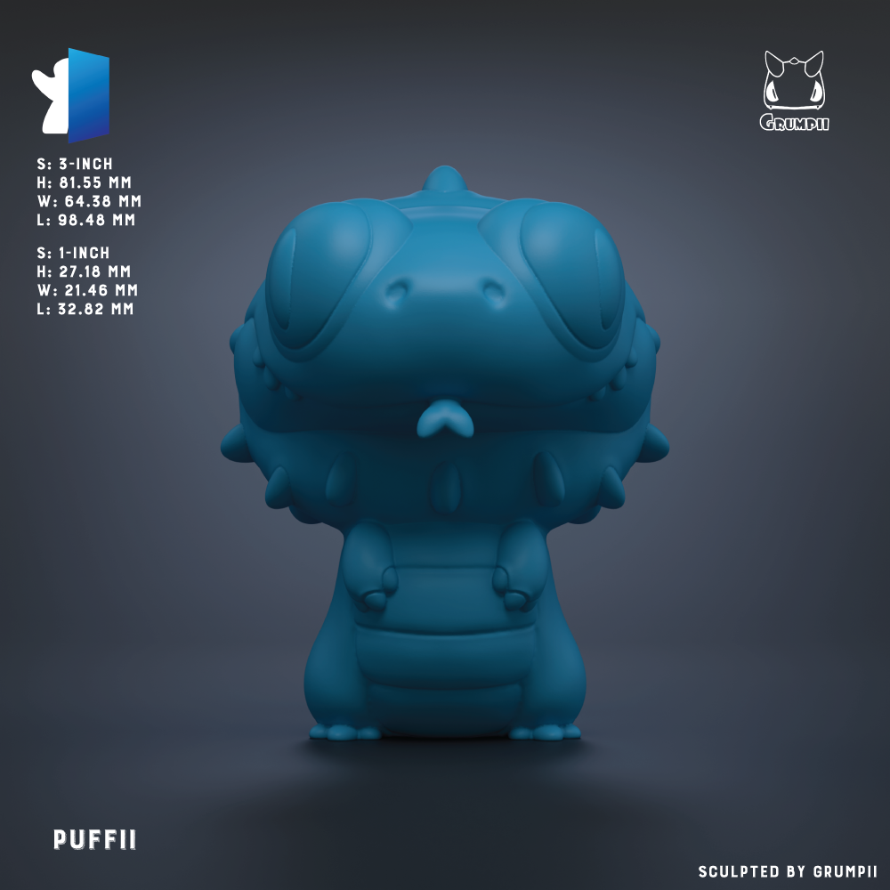 A 3D rendering of a blue, cartoonish-looking creature with a large head and sharp teeth, resembling a small animal or monster.