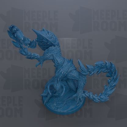 A blue, 3D-rendered dragon figurine with sharp teeth and claws, standing on a base.
