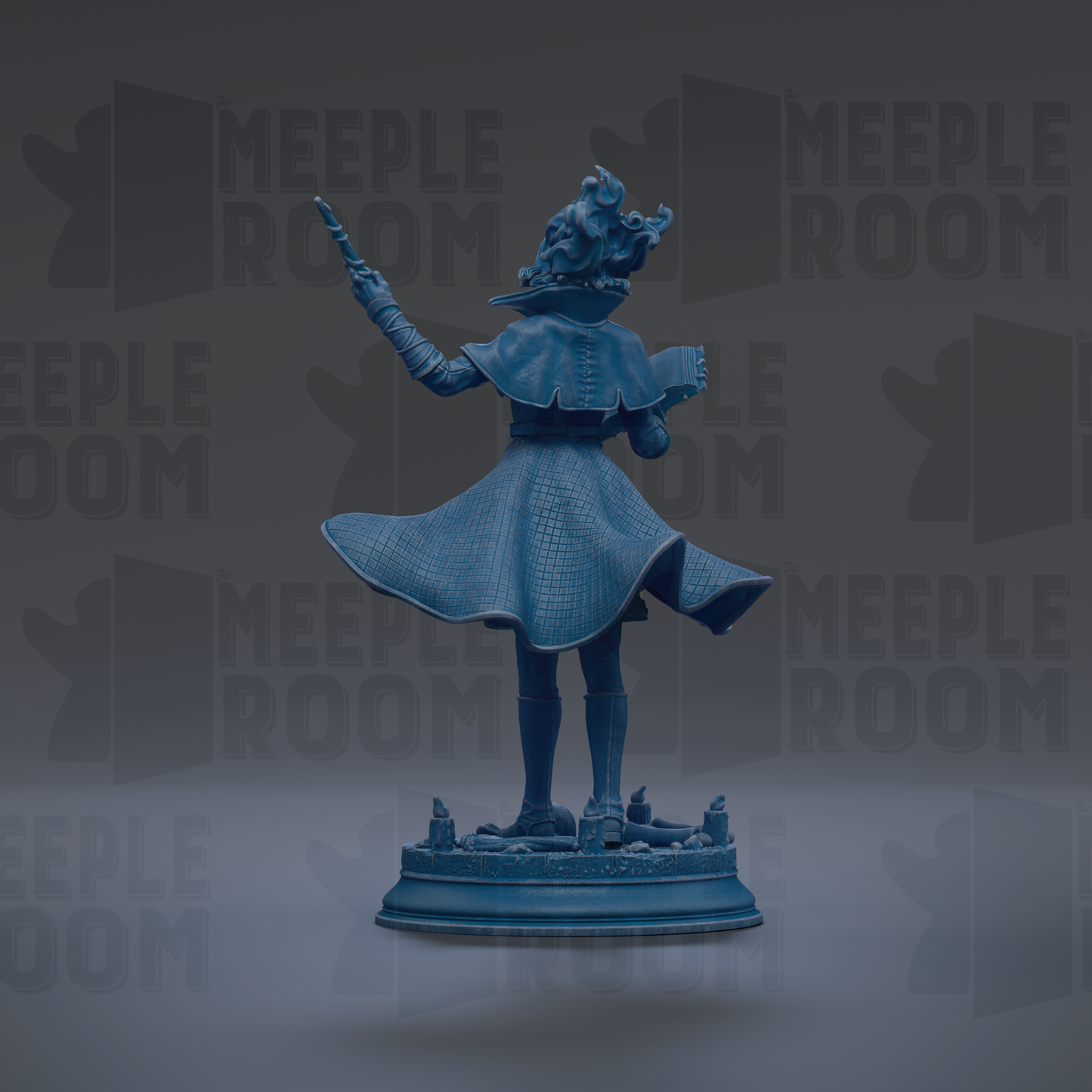 A blue statue of a person with a flowing dress and a large hat, standing on a pedestal and holding a book.
