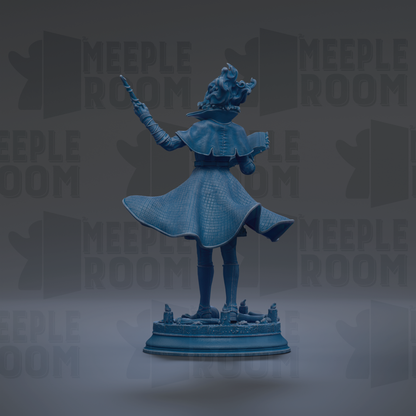 A blue statue of a person with a flowing dress and a large hat, standing on a pedestal and holding a book.