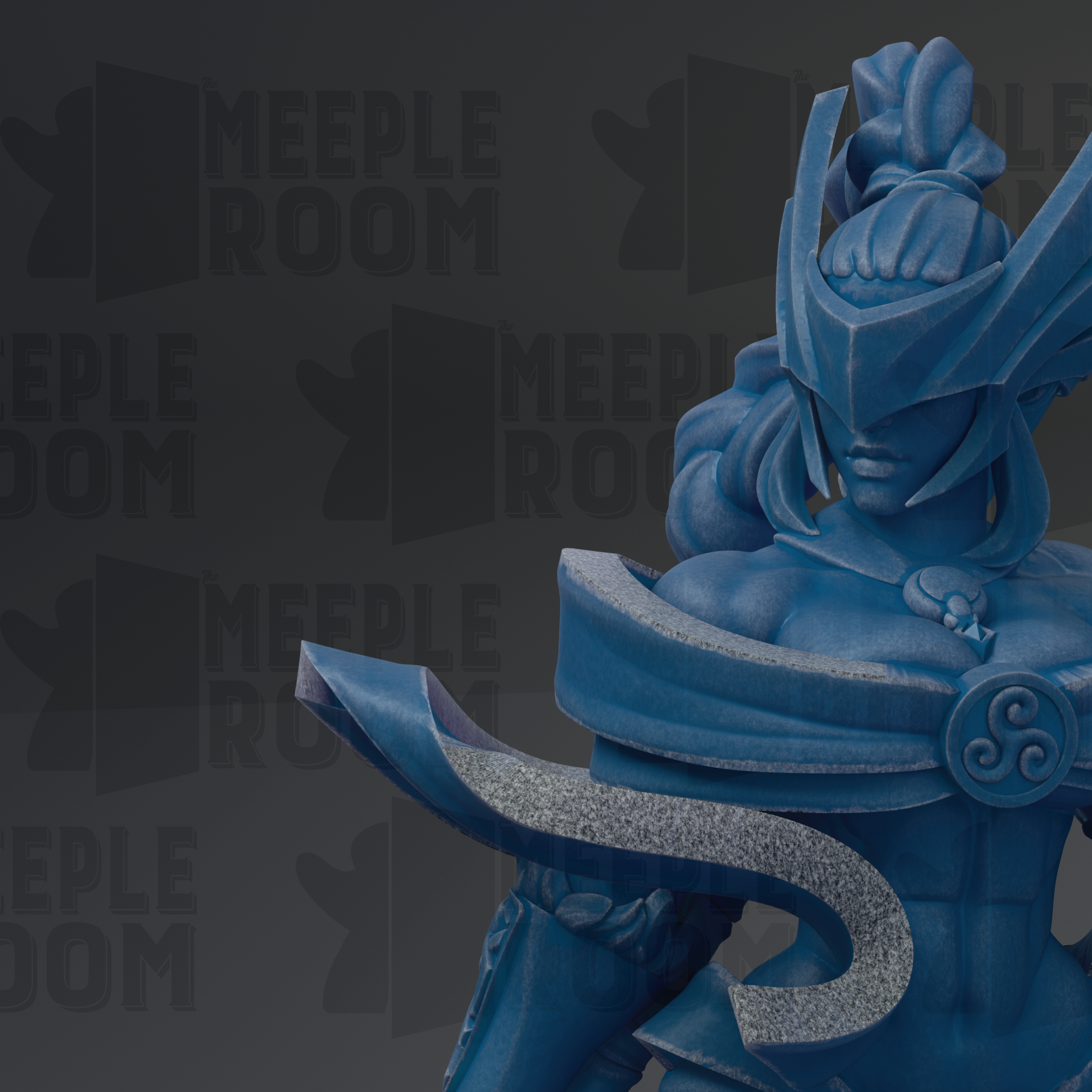 A blue statue of a warrior figure with a helmet and sword, set against a dark background with repeated text.