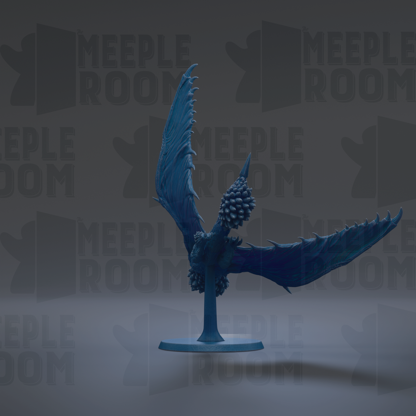 A blue, winged creature with spikes on its back is depicted in the image.