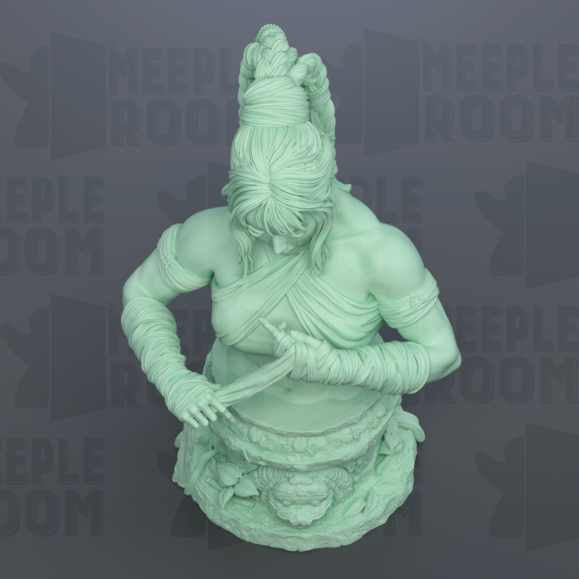 A green statue of a woman with braided hair and a crown, holding a sword and standing on a pedestal.