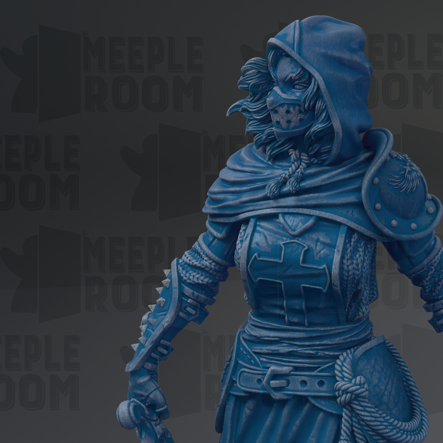 A detailed 3D rendering of a knight in shining armor, with a blue and white color scheme, standing in a fighting stance.