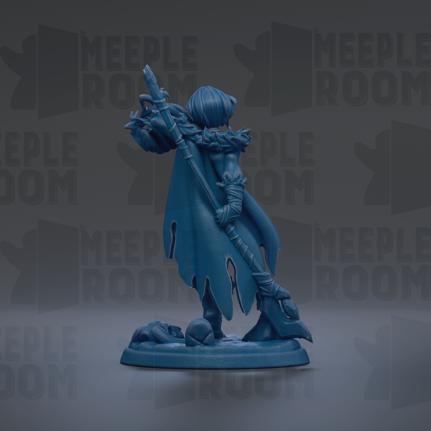 A blue figurine of a person holding a staff and a shield, standing against a dark background with repeated text.