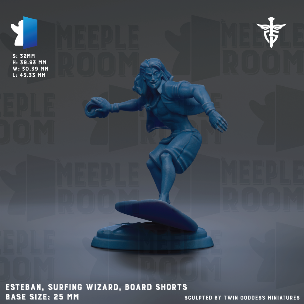 A figurine of a surfer, likely a character from a video game or animated series, is depicted in the image. The figurine is standing on a surfboard and appears to be in motion, as if riding a wave. The background of the image is dark, which contrasts with the figurine and makes it stand out. The image also includes text that provides information about the figurine, such as its base size and the fact that it is sculpted by Twin Goddesses miniatures.