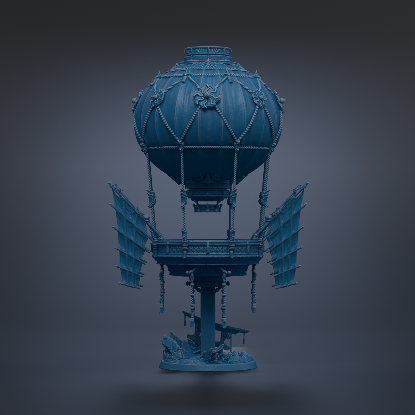 A blue, ornate hot air balloon-like structure with intricate details and decorations, standing alone against a dark background.