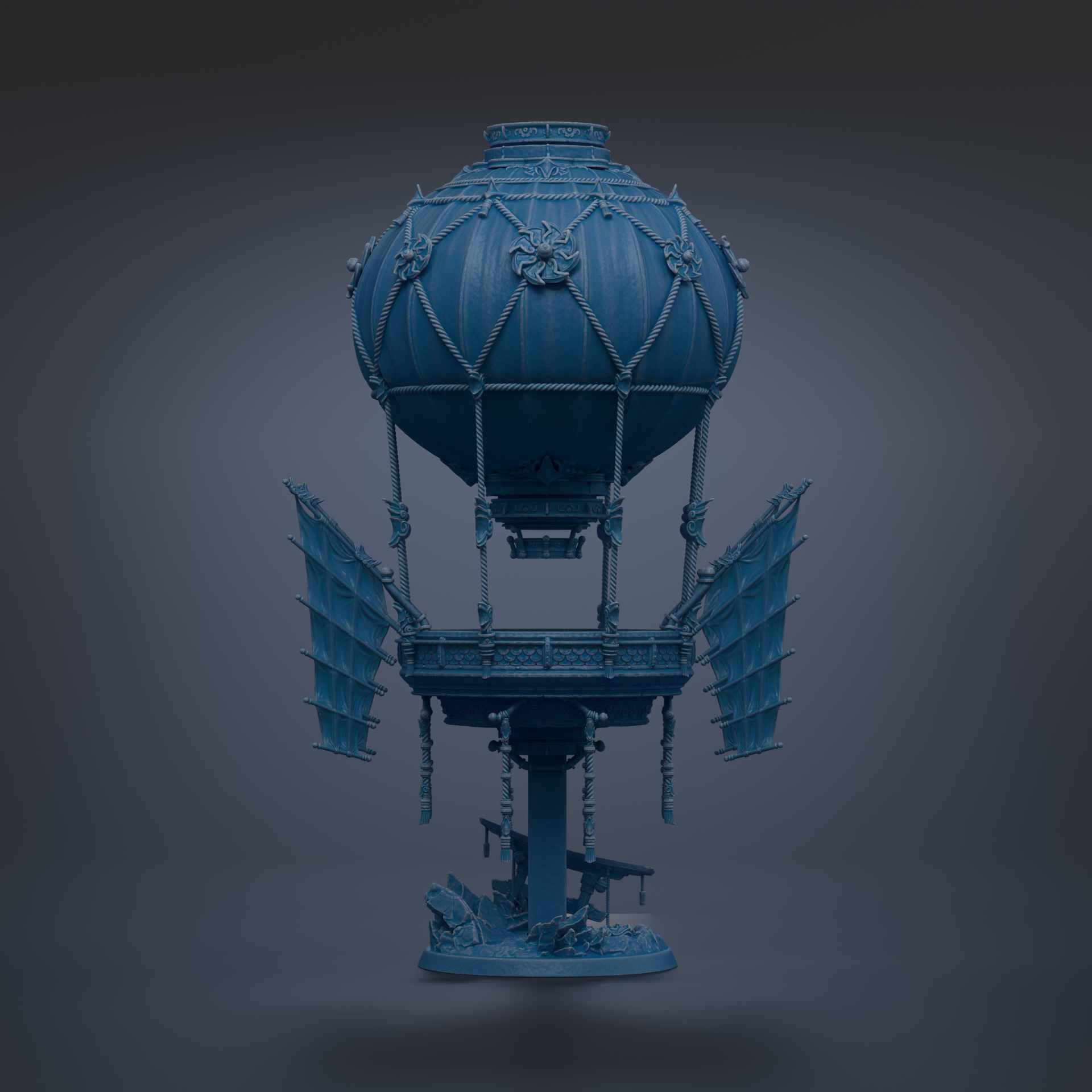 A blue, ornate hot air balloon-like structure with intricate details and decorations, standing alone against a dark background.