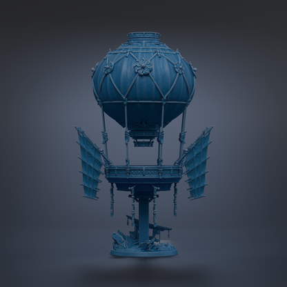 A blue, ornate hot air balloon-like structure with intricate details and decorations, standing alone against a dark background.