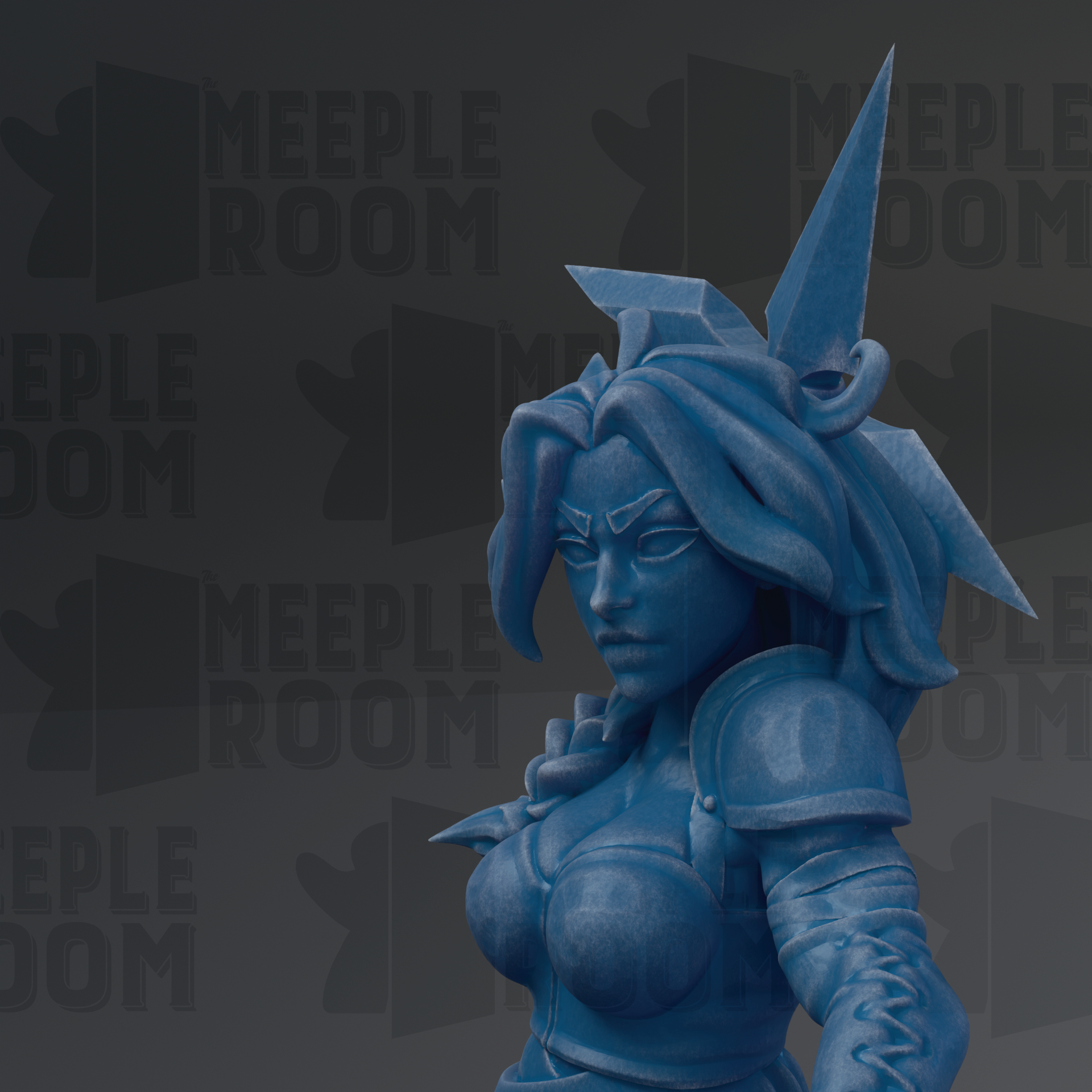 A blue statue of a woman with a pointed headdress and intricate details, set against a dark background with repeated text.