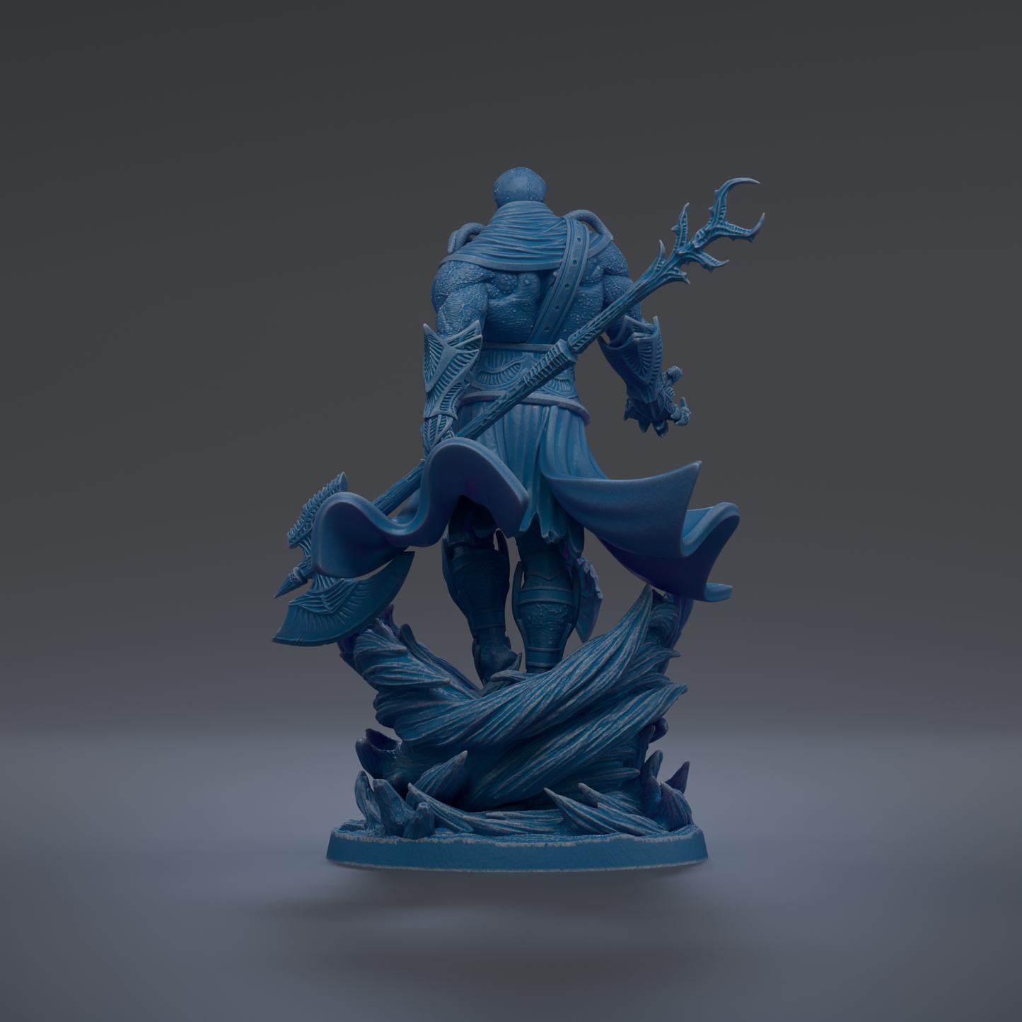 A 3D rendering of a blue, fantastical-looking statue depicting a muscular, armored figure wielding a staff and wielding a weapon.