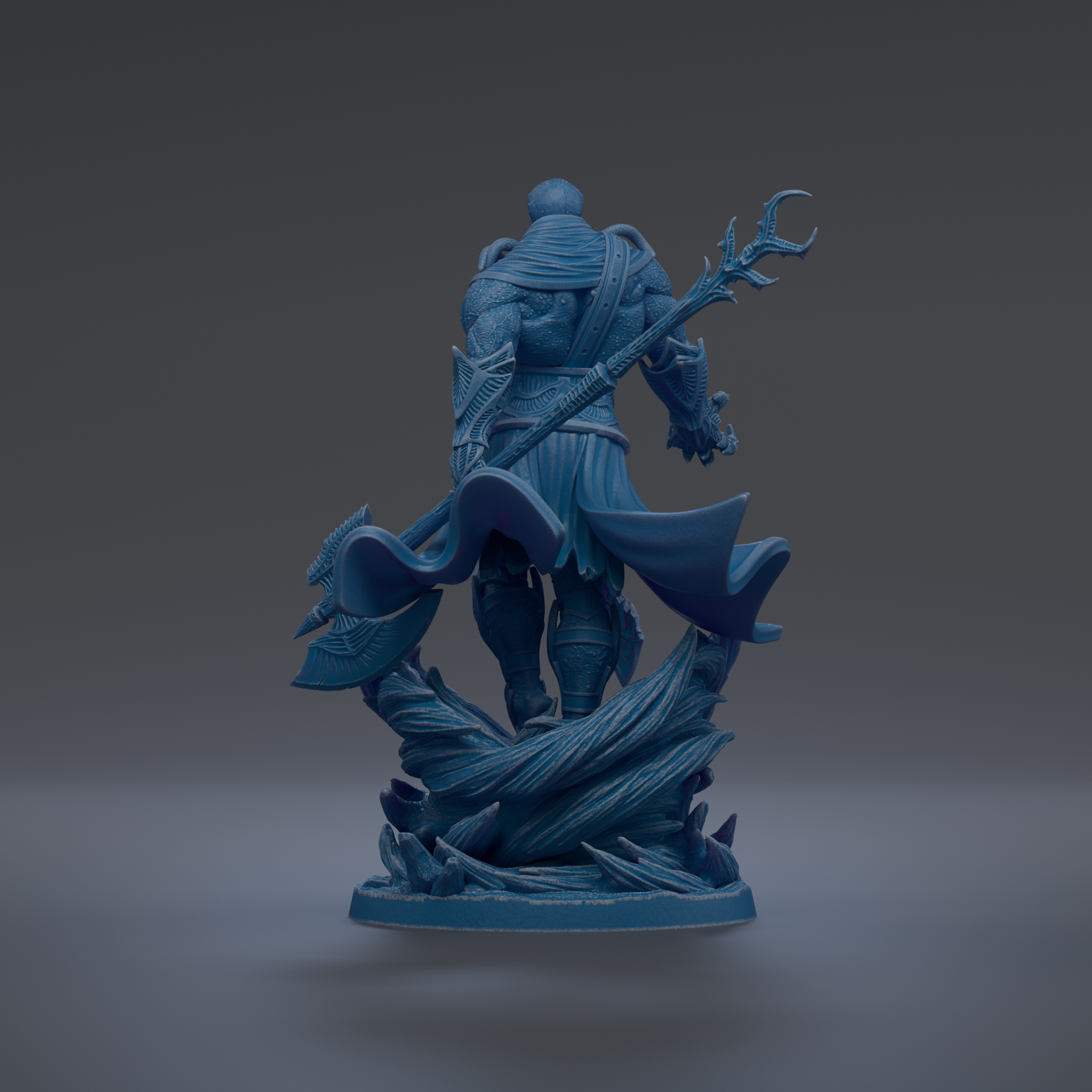 A 3D rendering of a blue, fantastical-looking statue depicting a muscular, armored figure wielding a staff and wielding a weapon.