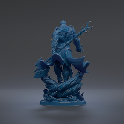 A 3D rendering of a blue, fantastical-looking statue depicting a muscular, armored figure wielding a staff and wielding a weapon.
