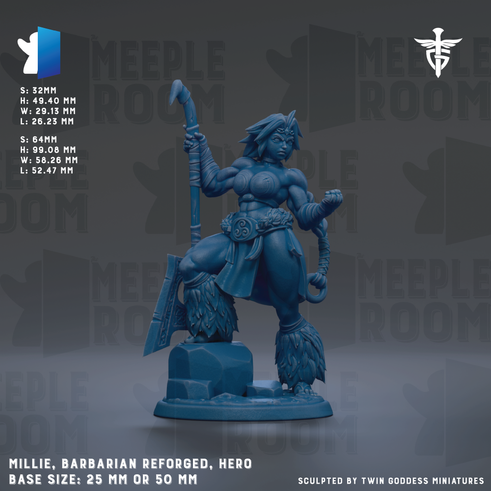The image is a detailed 3D model of a female warrior character, specifically a barbarian who has been reforged. The character is depicted in a dynamic fighting stance, holding a spear and a shield. The base size of the figurine is 25mm or 50mm. The image is a sculpted piece by Twin Goddess Miniatures, and it is a collaboration between the artist and the artist's team.